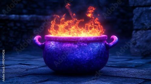 Large round purple cauldron two handles either side An stock-generated magical witch