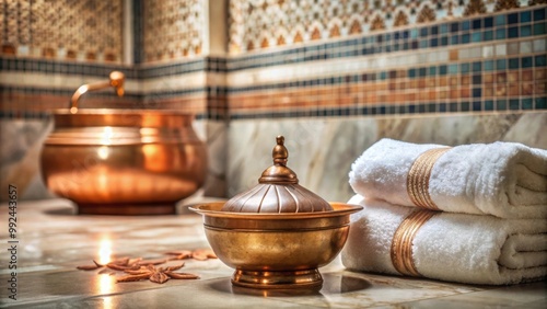 Water jar, towel, and copper bowl with soap foam in a Turkish hamam interior setting , Turkish bath, spa, relaxation