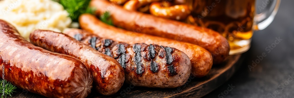 a traditional Oktoberfest table setting with a large wooden platter of German sausages sauerkraut mashed potatoes and pretzels accompanied by glass steins of beer captured in rustic warm tones