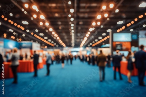 Large exhibition hall blue carpeted floor high ceiling Abstract blur people