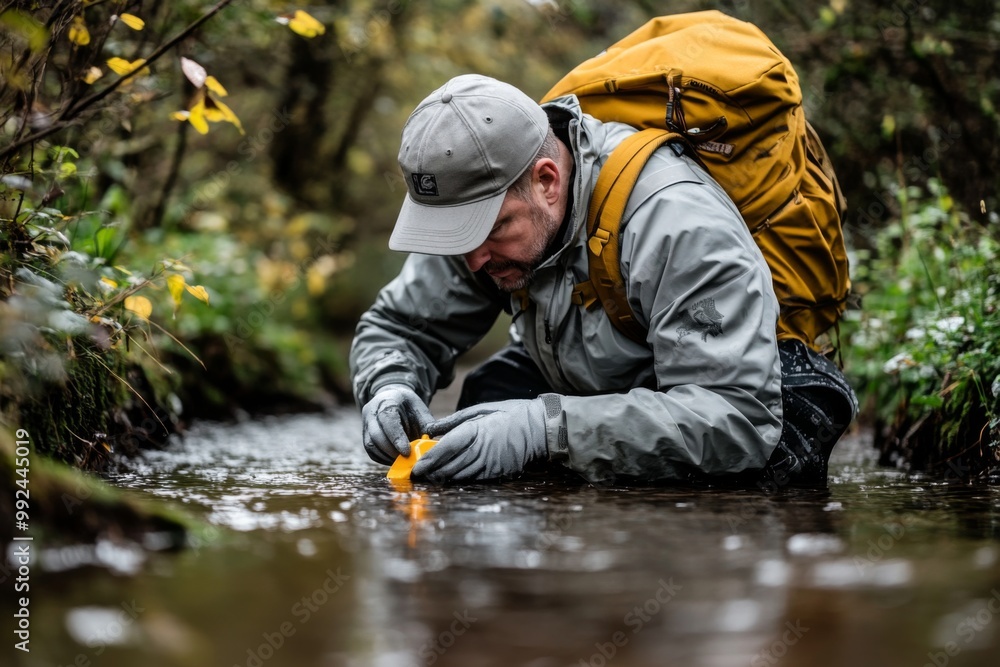 Man wearing grey jacket yellow backpack kneeling small An ecologist measuring pollution Man wearing grey jacket yellow backpack kneeling small An ecologist measuring pollution
