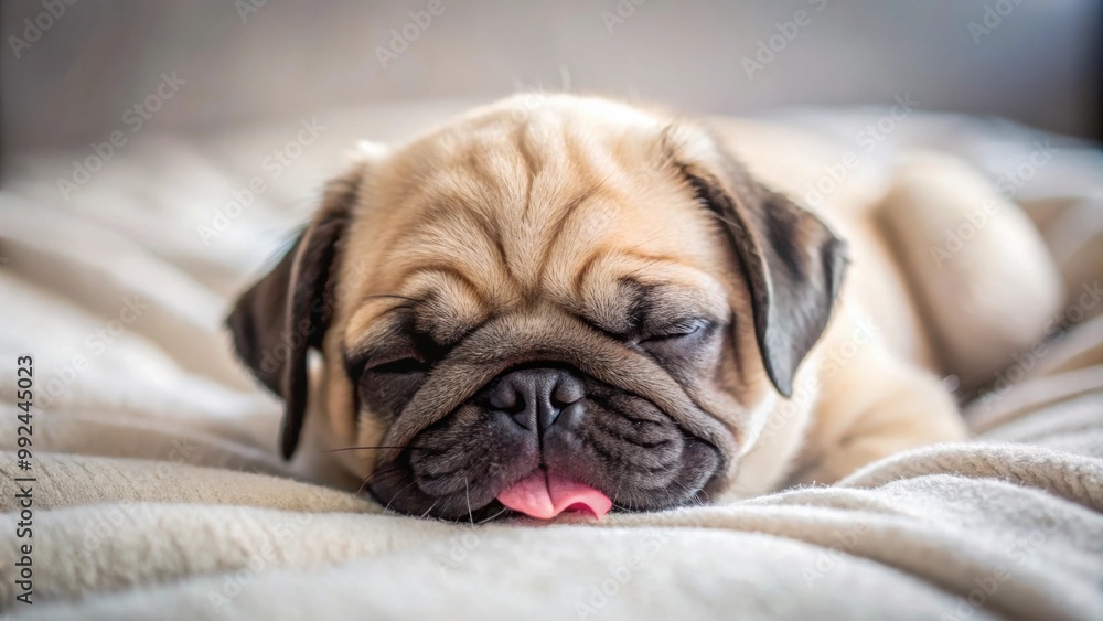 Close up of a cute pug puppy sleeping on a bed with tongue out , pug, puppy, dog, sleeping, rest, lay down, lie, bed, tongue out Close up of a cute pug puppy sleeping on a bed with tongue out , pug, puppy, dog, sleeping, rest, lay down, lie, bed, tongue out