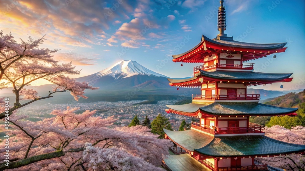 Cherry blossom trees blooming at iconic Chureito Pagoda with Mount Fuji in background, spring, cherry blossom Cherry blossom trees blooming at iconic Chureito Pagoda with Mount Fuji in background, spring, cherry blossom