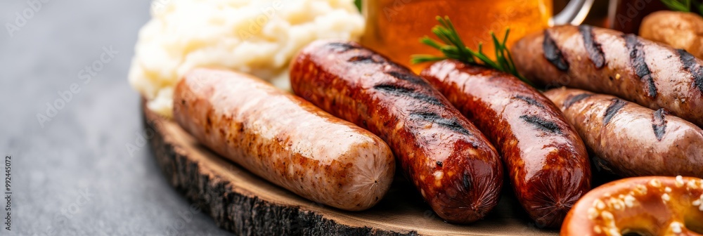 a traditional Oktoberfest table setting with a large wooden platter of German sausages sauerkraut mashed potatoes and pretzels accompanied by glass steins of beer captured in rustic warm tones a traditional Oktoberfest table setting with a large wooden platter of German sausages sauerkraut mashed potatoes and pretzels accompanied by glass steins of beer captured in rustic warm tones