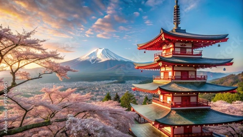 Wallpaper Mural Cherry blossom trees blooming at iconic Chureito Pagoda with Mount Fuji in background, spring, cherry blossom Torontodigital.ca