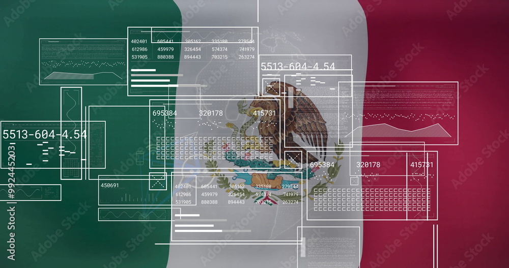 Naklejka premium Data processing image over Mexican flag with numerical and graphical elements