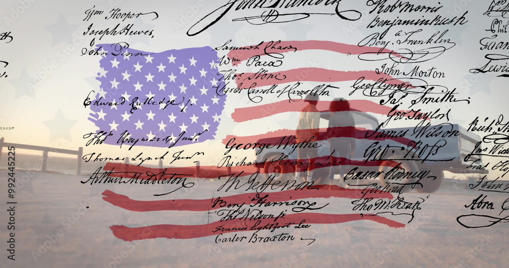 Fototapeta premium Image of american flag and declaration over african american couple with car on sunny beach