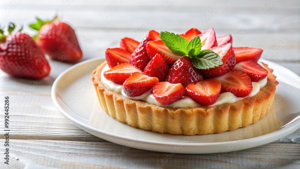 Delicious gourmet strawberry cream tart on a white plate , dessert, food photography, gourmet, delicious, sweet, bakery, pastry