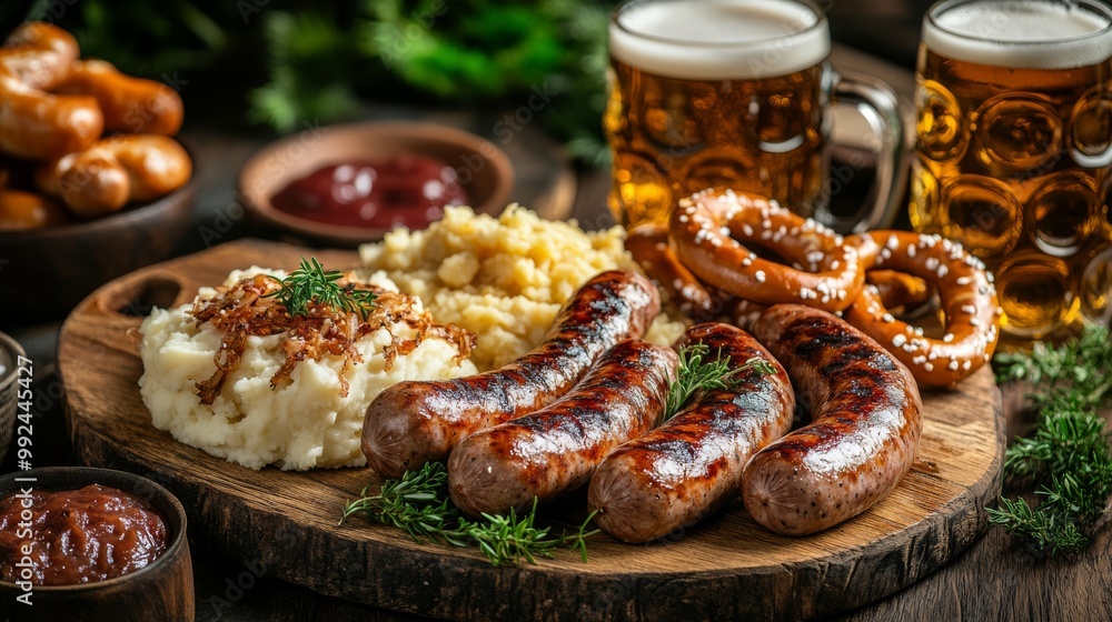 a traditional Oktoberfest table setting with a large wooden platter of German sausages sauerkraut mashed potatoes and pretzels accompanied by glass steins of beer captured in rustic warm tones a traditional Oktoberfest table setting with a large wooden platter of German sausages sauerkraut mashed potatoes and pretzels accompanied by glass steins of beer captured in rustic warm tones