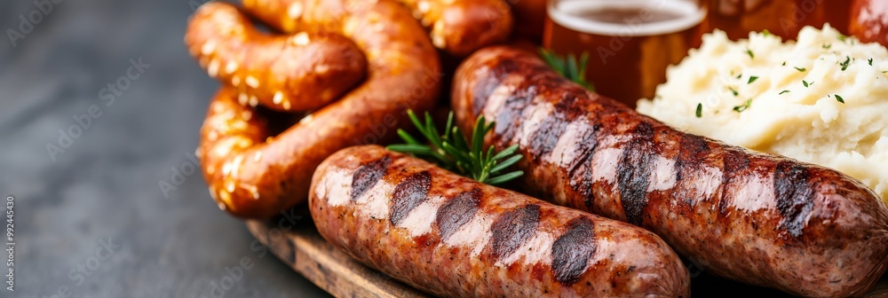 a traditional Oktoberfest table setting with a large wooden platter of German sausages sauerkraut mashed potatoes and pretzels accompanied by glass steins of beer captured in rustic warm tones a traditional Oktoberfest table setting with a large wooden platter of German sausages sauerkraut mashed potatoes and pretzels accompanied by glass steins of beer captured in rustic warm tones