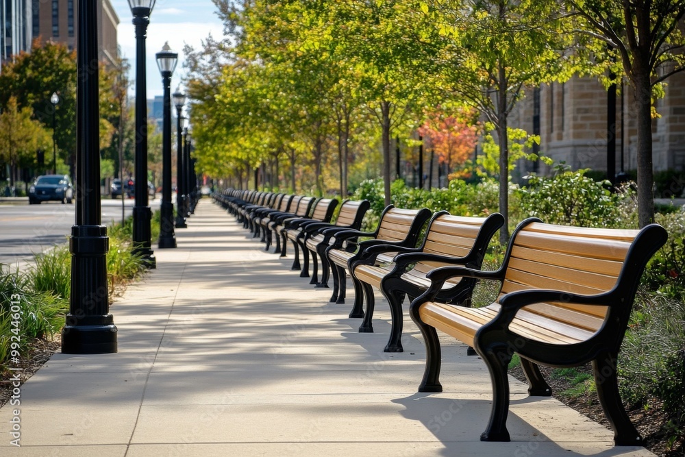 Row wooden benches sidewalk city are arranged neat neatly