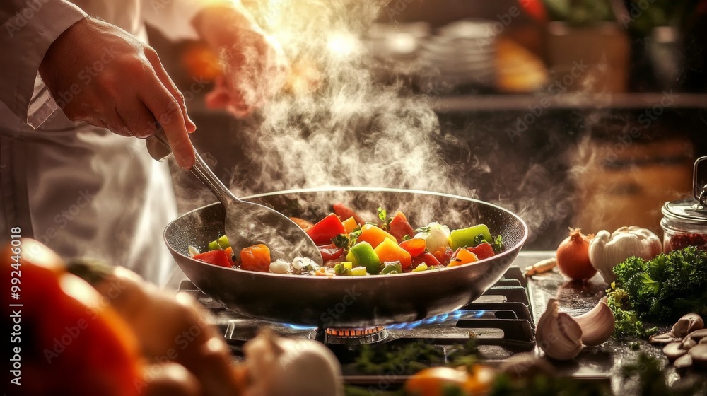 Chef kitchen preparing meal is wearing white A prepares Chef kitchen preparing meal is wearing white A prepares