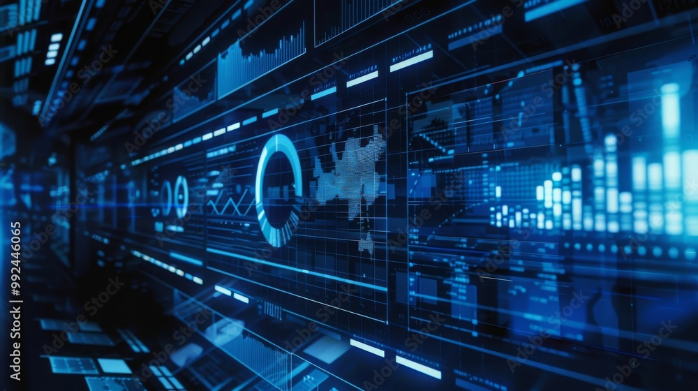 Abstract digital data flow with blue glowing lines and charts. Futuristic technology and data visualization concept. Abstract digital data flow with blue glowing lines and charts. Futuristic technology and data visualization concept.