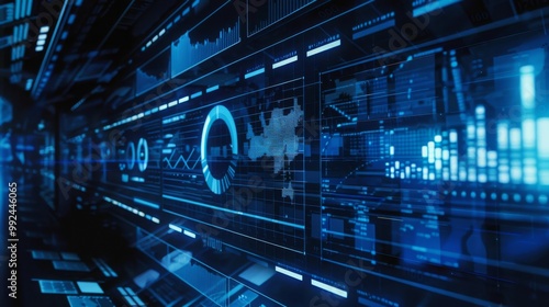 Abstract digital data flow with blue glowing lines and charts. Futuristic technology and data visualization concept.