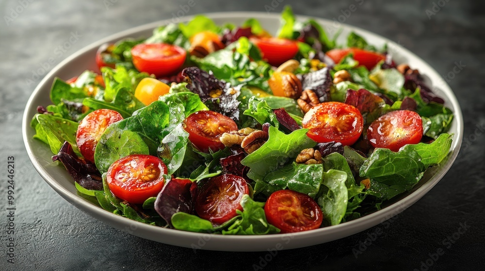 Fresh salad with greens, tomatoes, and nuts for a healthy meal. Fresh salad with greens, tomatoes, and nuts for a healthy meal.