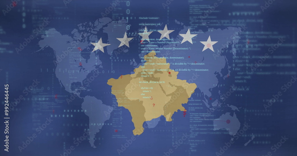 Flag of Kosovo with data processing image over world undefined background Flag of Kosovo with data processing image over world undefined background