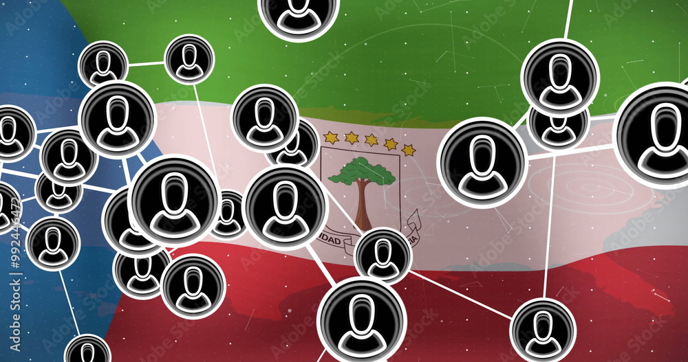 Obraz premium Network of user icons image over Equatorial Guinea flag background