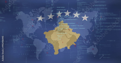 Canvas Print Flag of Kosovo with data processing image over world undefined background