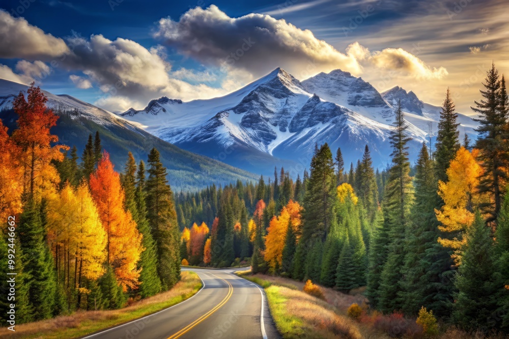 Vibrant forest life bursts forth alongside a meandering road, whichs into the distance, leading the eye to soaring snow-capped peaks basking in radiant afternoon sun. Vibrant forest life bursts forth alongside a meandering road, whichs into the distance, leading the eye to soaring snow-capped peaks basking in radiant afternoon sun.