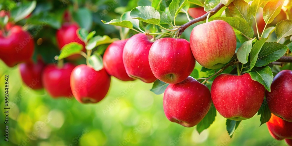 Red apples hanging on a lush green tree branch, fruit, fresh, ripe, harvest, orchard, autumn, natural, organic, healthy Red apples hanging on a lush green tree branch, fruit, fresh, ripe, harvest, orchard, autumn, natural, organic, healthy