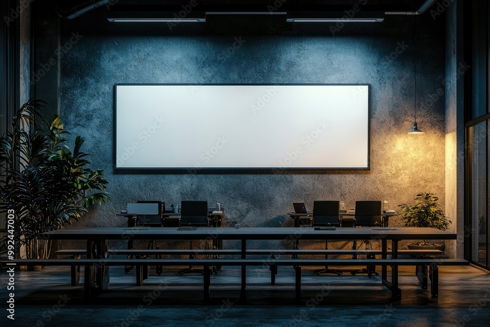 Industrial Loft Interior with Blank Canvas and Wooden Table Industrial Loft Interior with Blank Canvas and Wooden Table