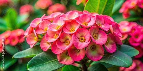 Close-up of stunning pink euphorbia milii, commonly known as Crown of Thorns, pink, euphorbia milii, crown of thorns, close-up photo