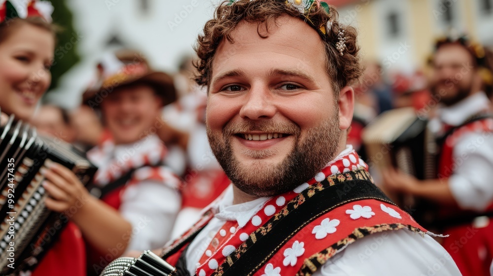 a group of people dancing in a traditional Bavarian folk dance at Oktoberfest wearing vibrant costumes with accordion players and musicians in the background set in a lively beer tent a group of people dancing in a traditional Bavarian folk dance at Oktoberfest wearing vibrant costumes with accordion players and musicians in the background set in a lively beer tent