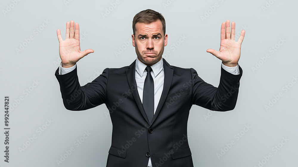 Businessman Surrendering: A serious man in a suit holds his hands up in surrender, conveying a sense of defeat or resignation. The muted background emphasizes his isolation and vulnerability. Businessman Surrendering: A serious man in a suit holds his hands up in surrender, conveying a sense of defeat or resignation. The muted background emphasizes his isolation and vulnerability.