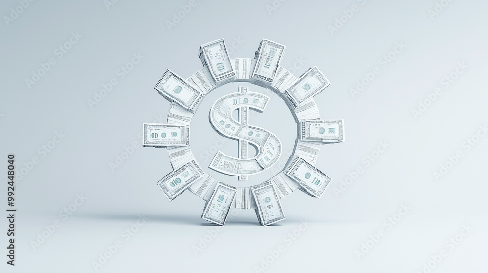 Naklejka premium Dollar Sign Icon Symbol in Circle of Money: A minimalist rendering of a dollar sign icon encased within a ring of stylized dollar bills, symbolizing financial abundance and economic growth.