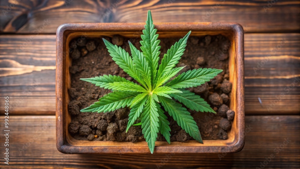 Top view of a small marijuana plant growing in a flower box, marijuana, cannabis, plant, growing, top view, green, leaves Top view of a small marijuana plant growing in a flower box, marijuana, cannabis, plant, growing, top view, green, leaves