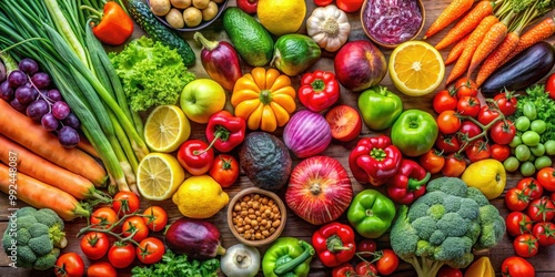 Vibrant display of fresh, colorful fruits and vegetables rich in vitamins and protein, healthy, food, concept, real food