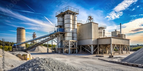 Concrete plant surrounded by gravel , industrial, manufacturing, construction, factory, equipment, machinery, cement