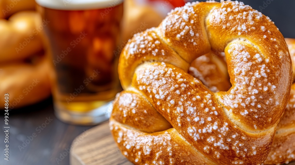 a detailed shot of a freshly baked pretzel on a wooden board sprinkled with coarse salt next to mustard and beer with Oktoberfest decorations and a Bavarian flag in the background a detailed shot of a freshly baked pretzel on a wooden board sprinkled with coarse salt next to mustard and beer with Oktoberfest decorations and a Bavarian flag in the background