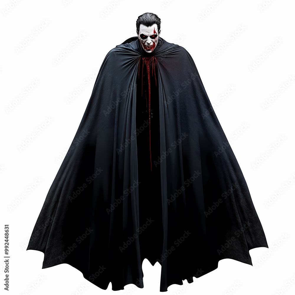 A chilling figure emerges from the shadows, a terrifying vampire with pale skin and fangs, draped in a dark cloak, blood trickling down, evoking fear and fascination in Halloween settings.
