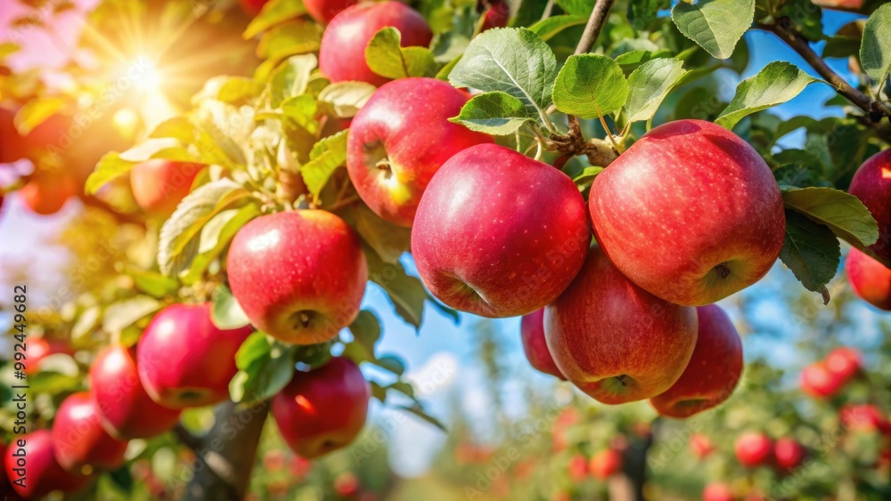 Ripe red apples hanging from branches on a sunny day, apples, tree, ripe, red, fruit, fresh, juicy, orchard, harvest, agriculture Ripe red apples hanging from branches on a sunny day, apples, tree, ripe, red, fruit, fresh, juicy, orchard, harvest, agriculture