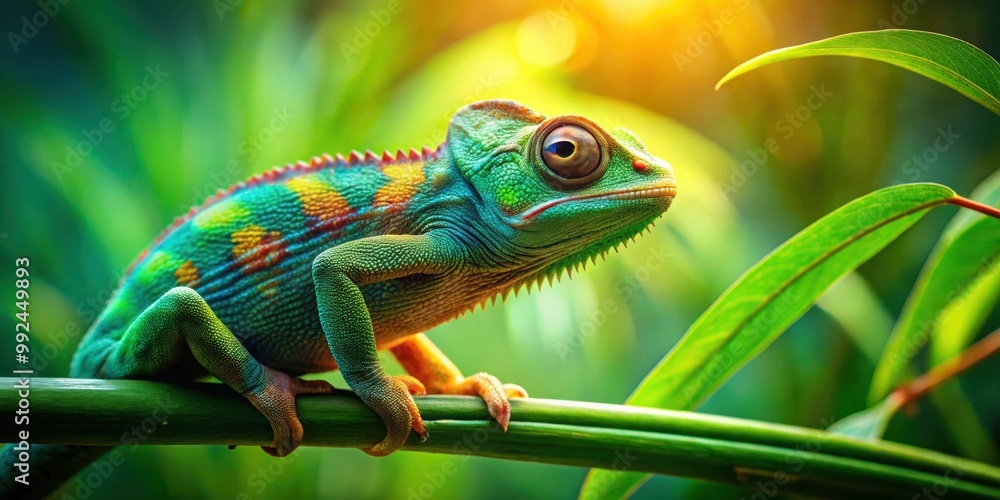 Obraz premium Charming chameleon adventurer in vibrant green setting, chameleon, adventurer, branch, vibrant, green, environment