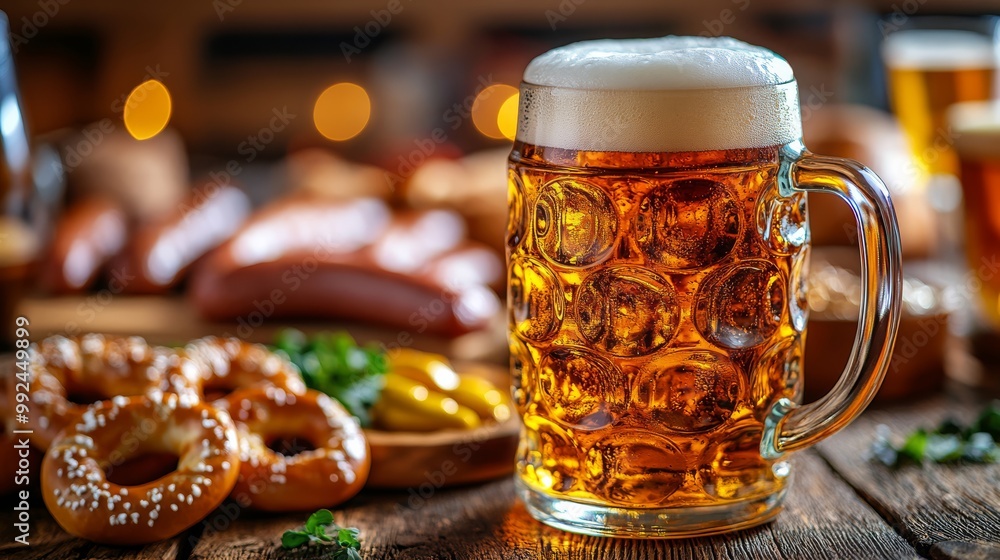 a closeup of a frothy beer in a glass stein placed on a wooden table surrounded by traditional German sausages pretzels mustard and Oktoberfest decorations captured in vibrant colors a closeup of a frothy beer in a glass stein placed on a wooden table surrounded by traditional German sausages pretzels mustard and Oktoberfest decorations captured in vibrant colors