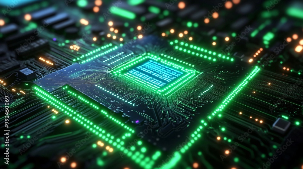A computer microchip glowing with vibrant neon green light, surrounded by circuit patterns that emit a soft green glow A computer microchip glowing with vibrant neon green light, surrounded by circuit patterns that emit a soft green glow