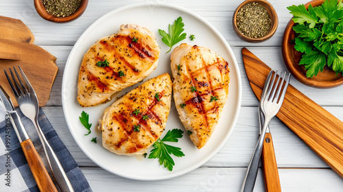 Baked Split Chicken Breasts with Mustard Parsley and Thyme on White Wooden Table with Cutlery and Seasoning Top View