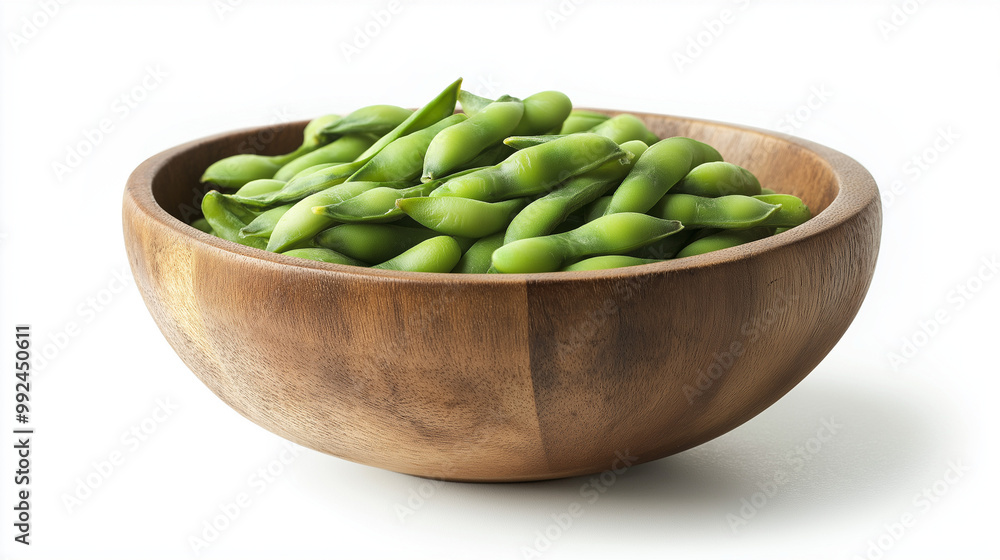 fresh edamame on wooden bowl isolated on white background fresh edamame on wooden bowl isolated on white background
