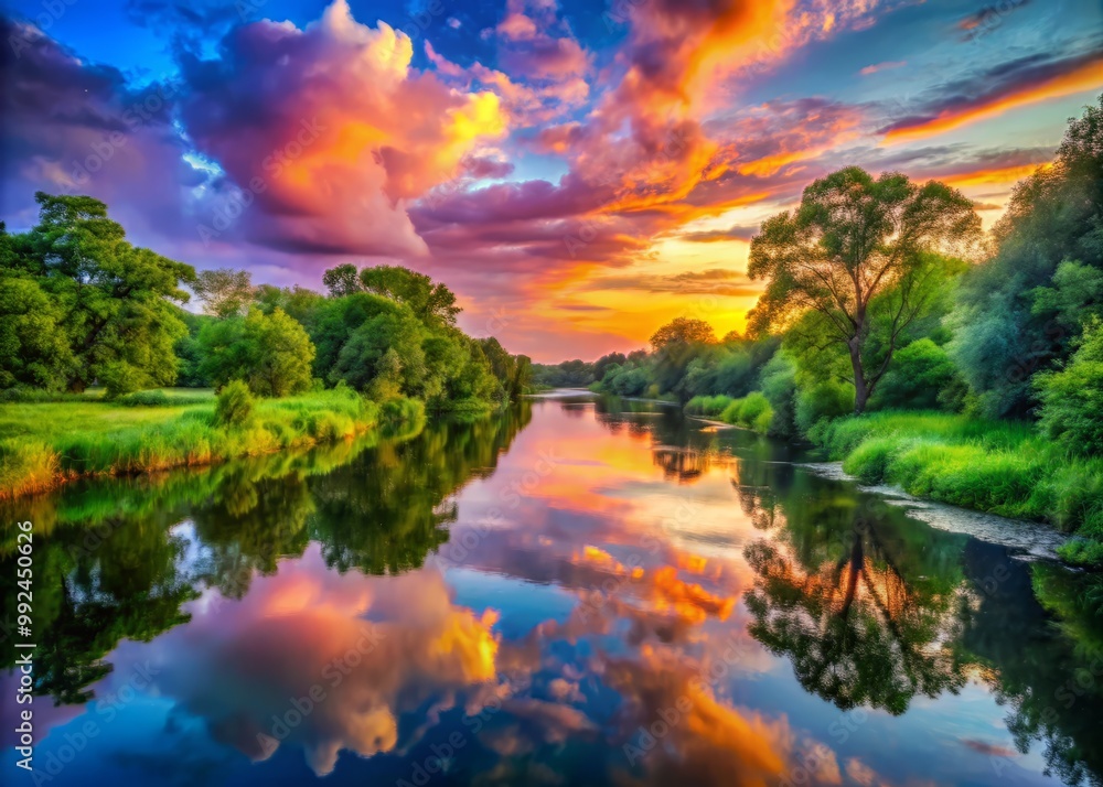 Lush foliage surrounds a meandering river, its calm waters mirroring the vibrant colors of the sky above.