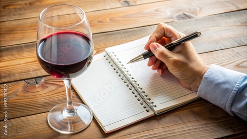 Person writing in ring-bound planner with glass of red wine, red wine, ring system planner, diary, journal, writing photo