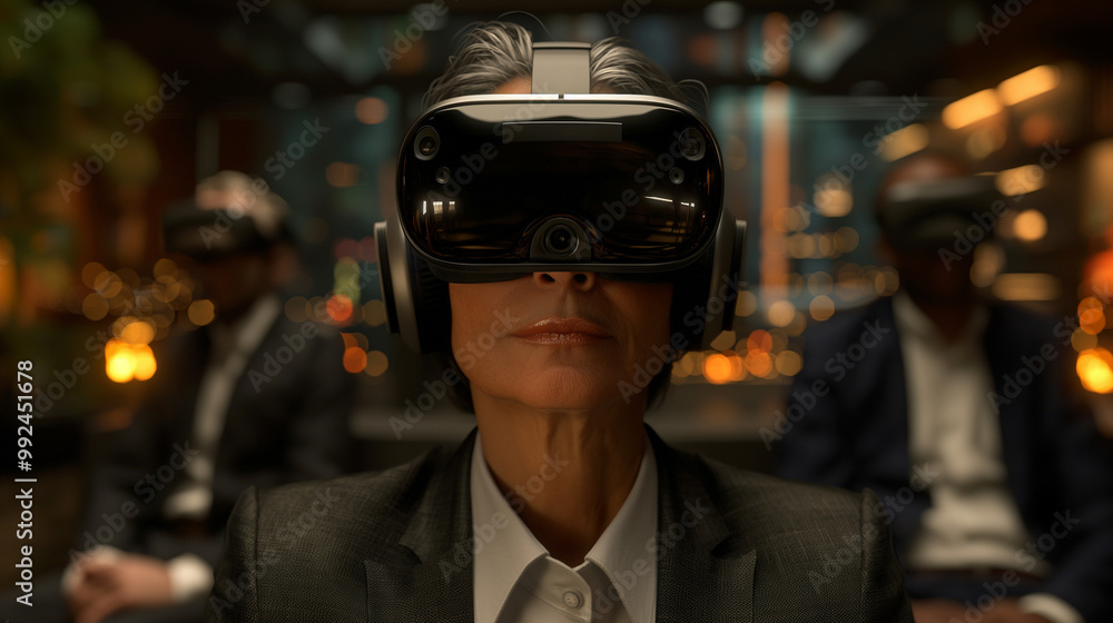 Group of professionals wearing VR headsets in a sophisticated setting. Group of professionals wearing VR headsets in a sophisticated setting.