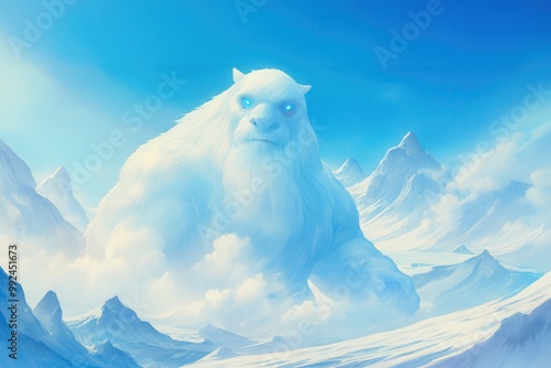 Ice giant with glowing eyes, rising from a frozen lake, surrounded by mist, watercolor photo