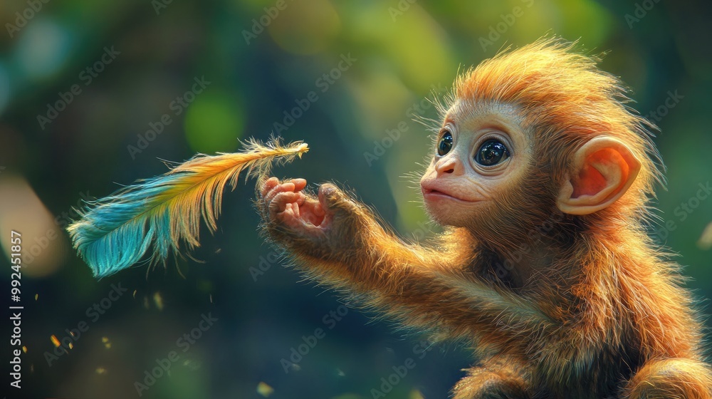 Fototapeta premium Adorable Baby Monkey Reaching for a Colorful Feather in a Lush Green Forest
