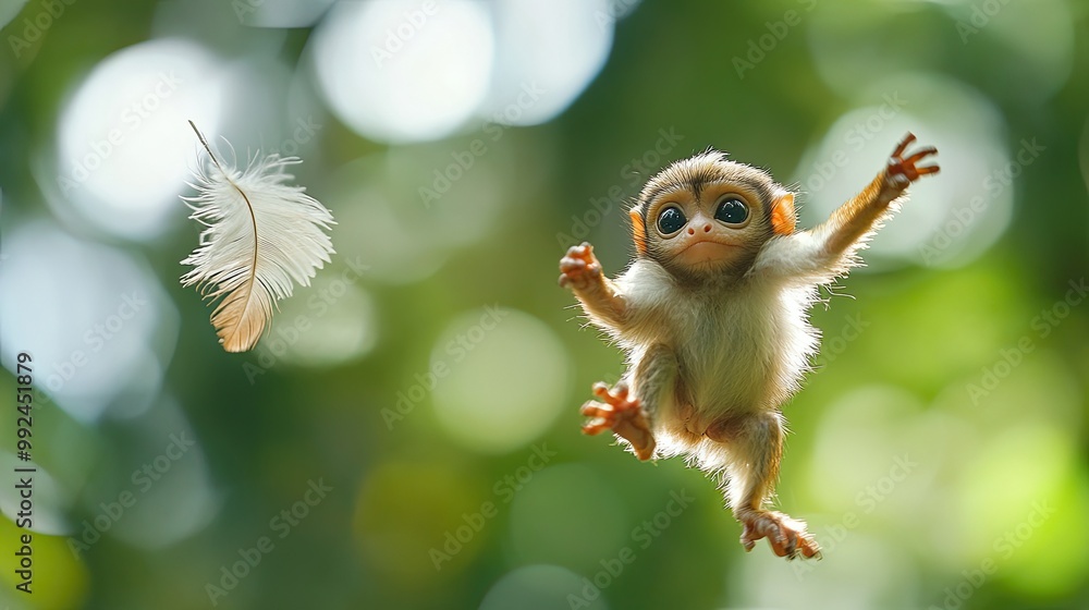 Fototapeta premium Adorable Baby Monkey Reaching for Feather in Lush Green Forest with Sunlight Bokeh Background