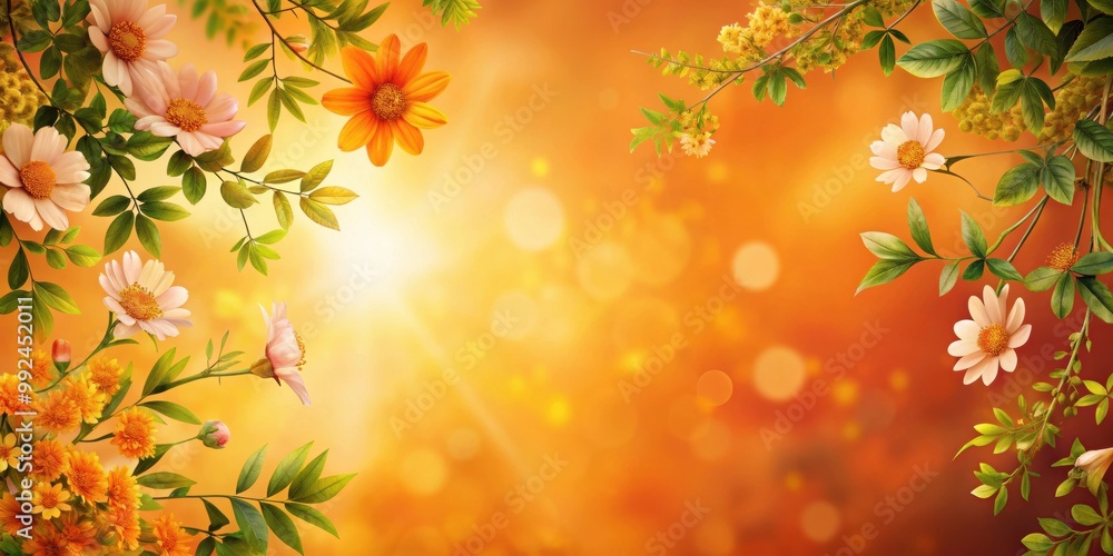 Orange sky background with summer foliage and flowers, orange sky, summer, background, foliage, flowers, bright, colorful, nature Orange sky background with summer foliage and flowers, orange sky, summer, background, foliage, flowers, bright, colorful, nature
