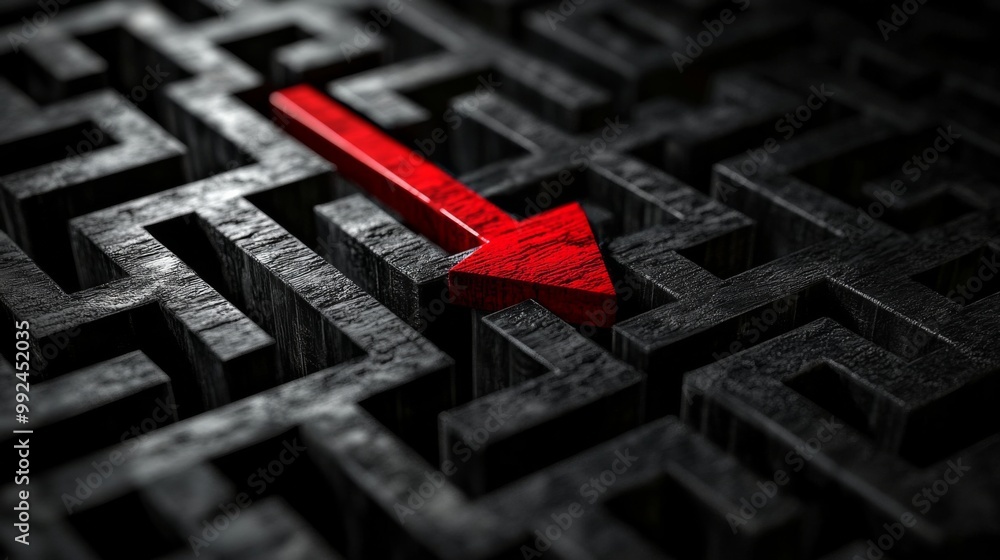 Close-up black maze red arrow pointing upwards appears A navigating Close-up black maze red arrow pointing upwards appears A navigating