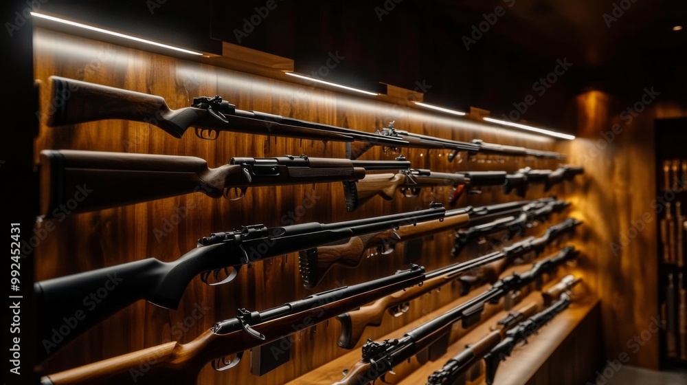 Row rifles display gun shop are arranged neat Wardrobe for weapons. safe Row rifles display gun shop are arranged neat Wardrobe for weapons. safe