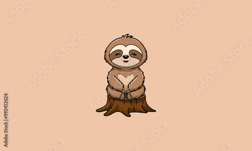 Happy sloth sitting peacefully on a tree stump.